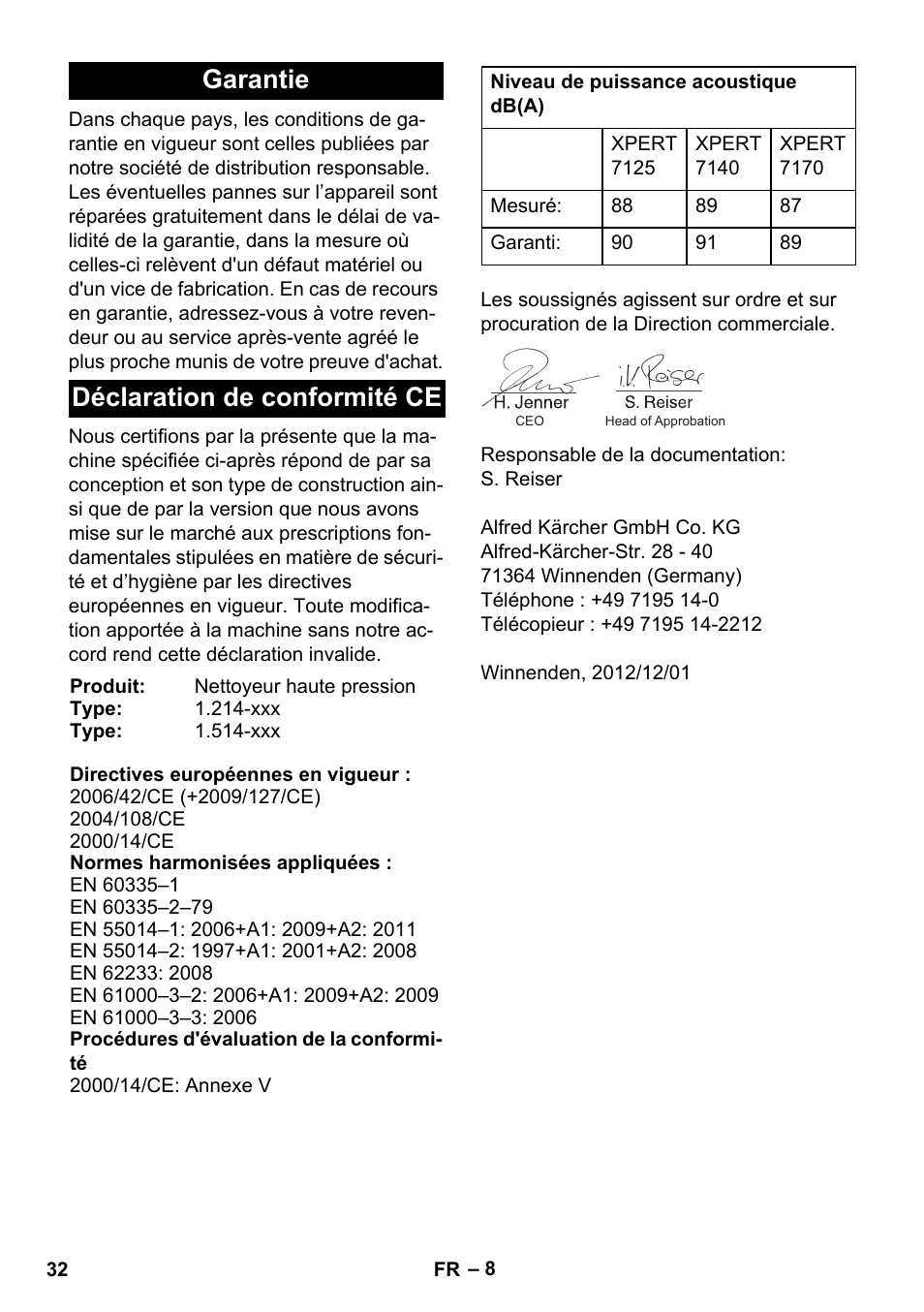 Garantie déclaration de conformité ce | Karcher Xpert HD 7140 X User Manual | Page 32 / 276