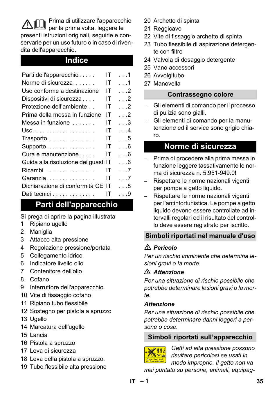 Italiano, Indice, Parti dell'apparecchio | Norme di sicurezza | Karcher Xpert HD 7140 X User Manual | Page 35 / 276
