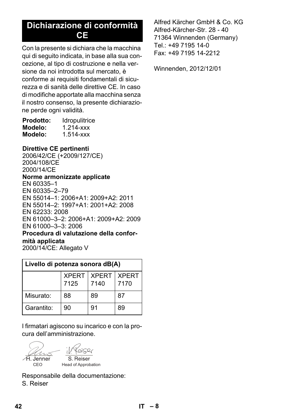 Dichiarazione di conformità ce | Karcher Xpert HD 7140 X User Manual | Page 42 / 276