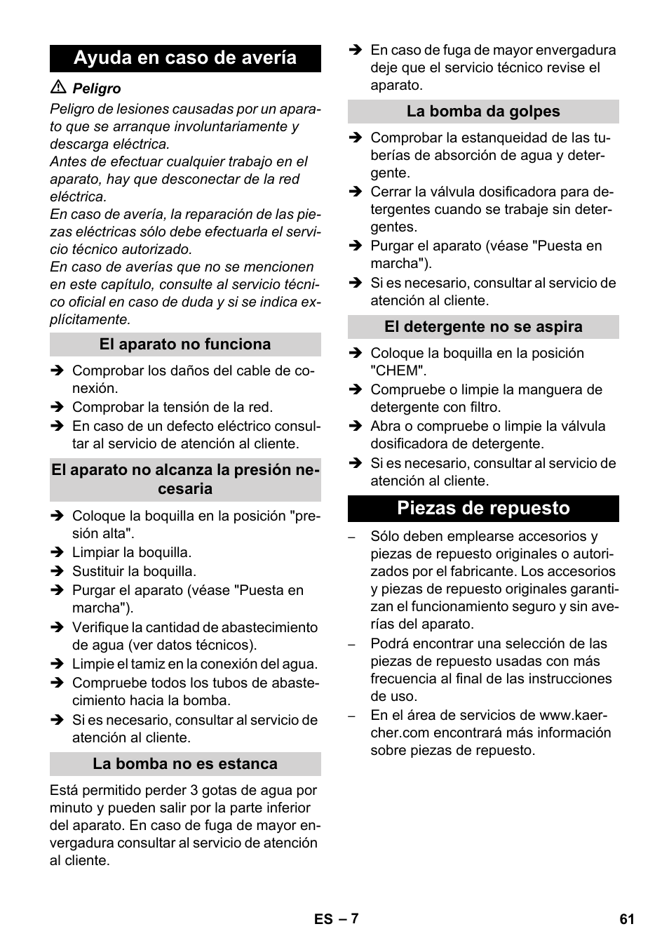 Ayuda en caso de avería, Piezas de repuesto | Karcher Xpert HD 7140 X User Manual | Page 61 / 276