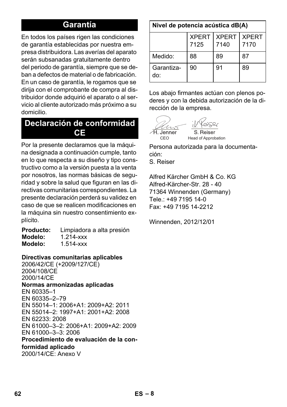 Garantía declaración de conformidad ce | Karcher Xpert HD 7140 X User Manual | Page 62 / 276