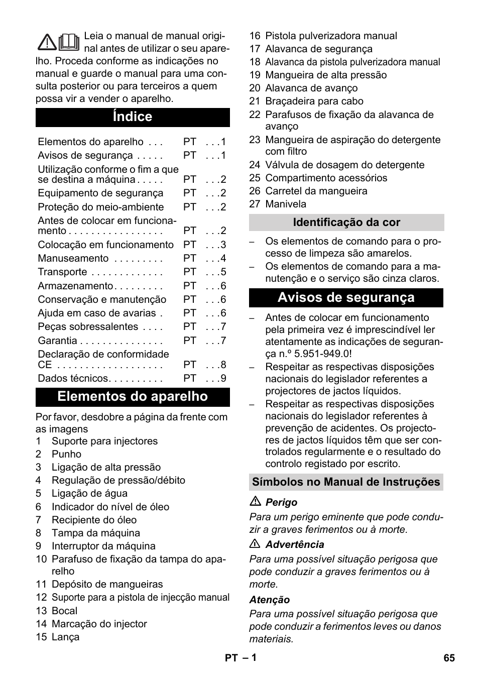 Português, Índice, Elementos do aparelho | Avisos de segurança | Karcher Xpert HD 7140 X User Manual | Page 65 / 276