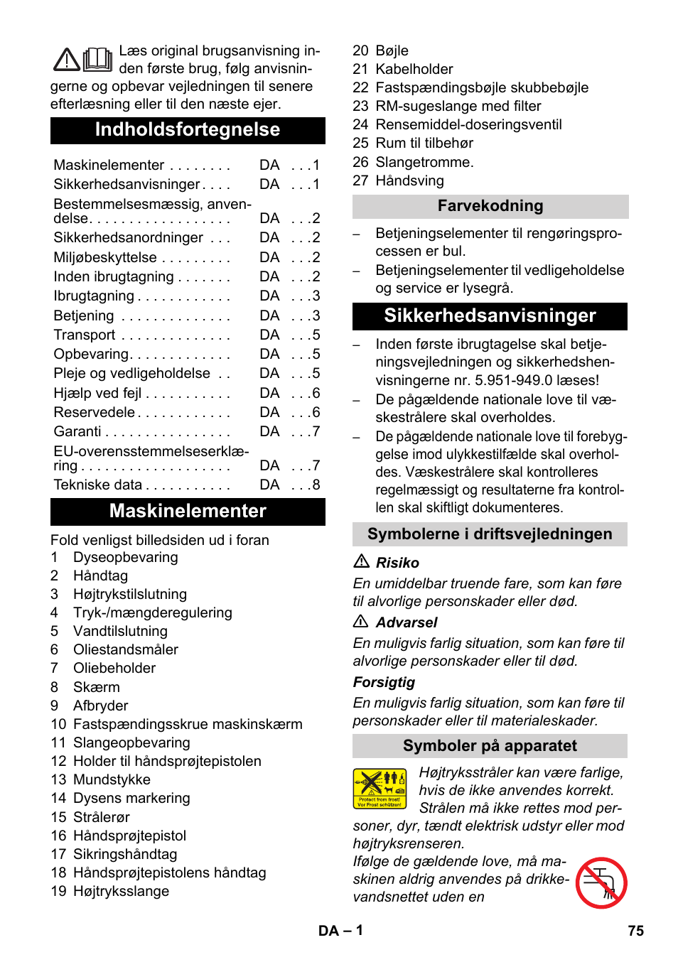 Dansk, Indholdsfortegnelse, Maskinelementer | Sikkerhedsanvisninger | Karcher Xpert HD 7140 X User Manual | Page 75 / 276