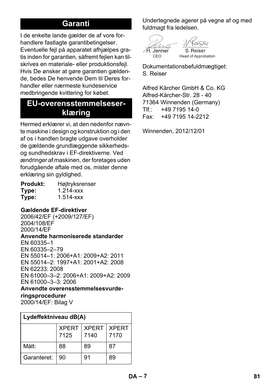 Garanti eu-overensstemmelseser- klæring | Karcher Xpert HD 7140 X User Manual | Page 81 / 276