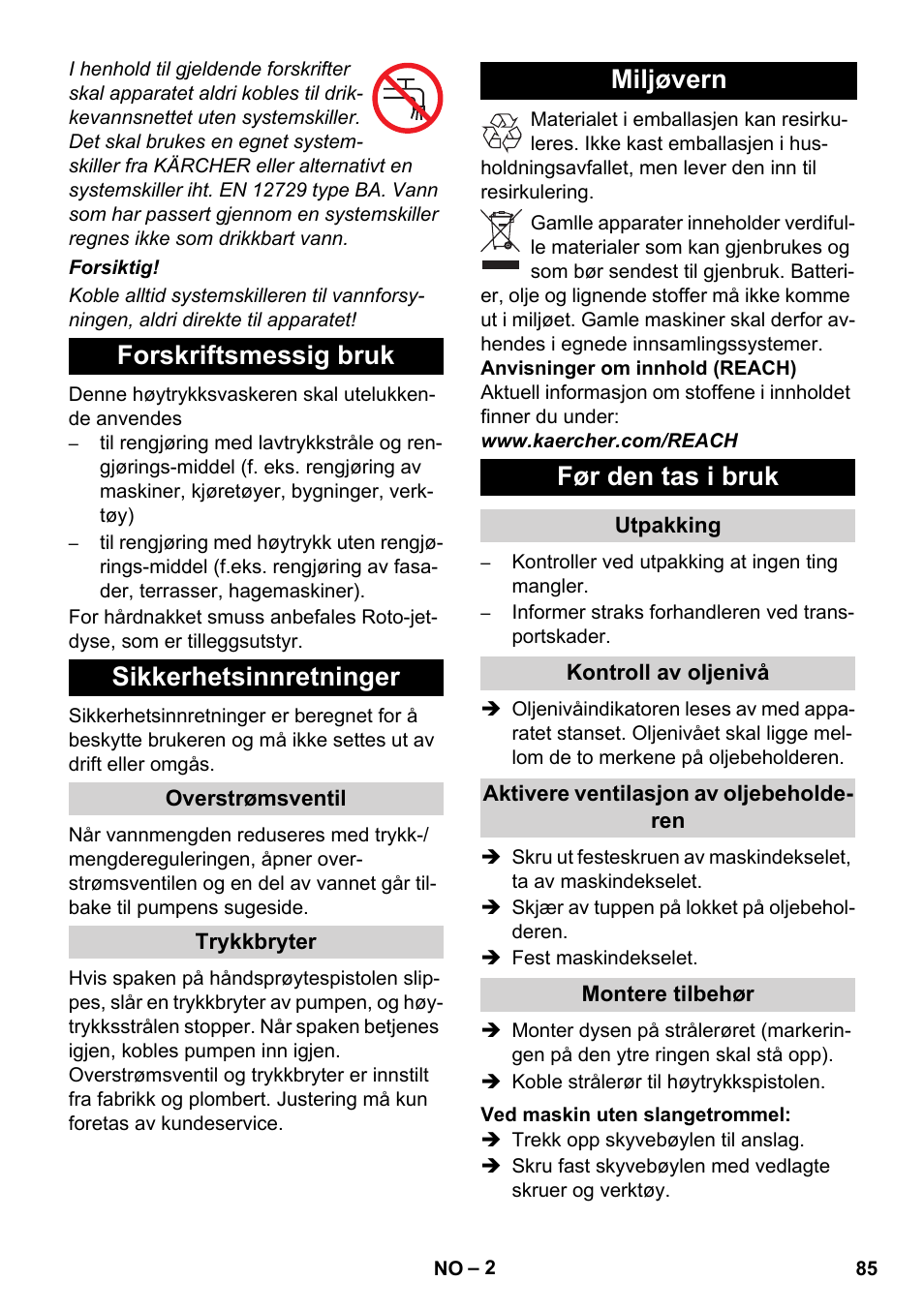 Forskriftsmessig bruk sikkerhetsinnretninger, Miljøvern før den tas i bruk | Karcher Xpert HD 7140 X User Manual | Page 85 / 276