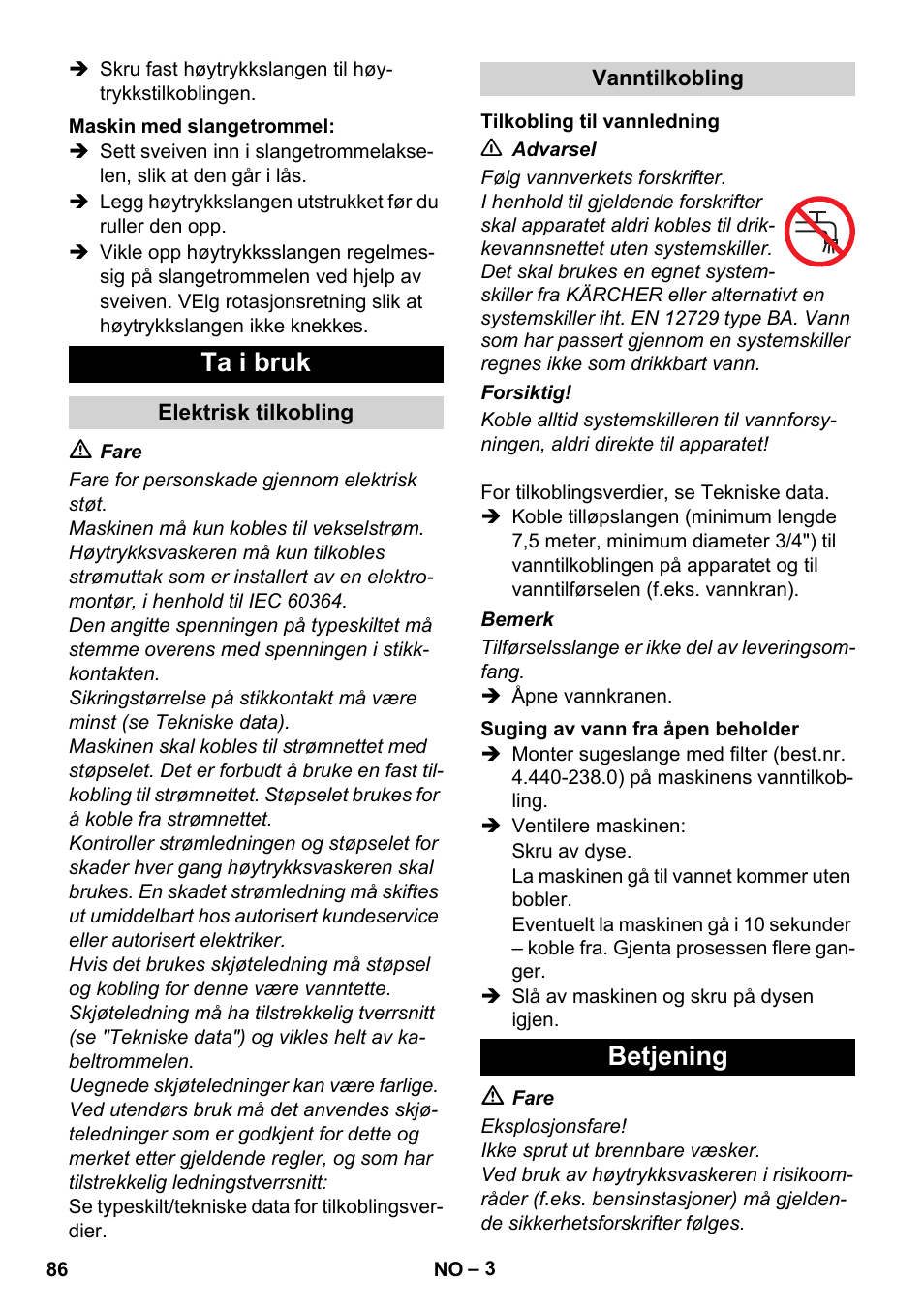 Ta i bruk, Betjening | Karcher Xpert HD 7140 X User Manual | Page 86 / 276