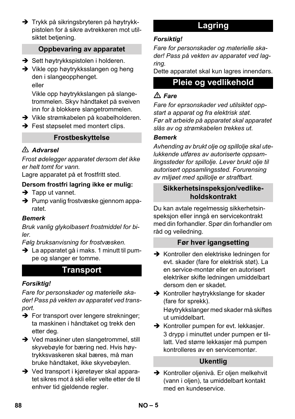 Transport lagring pleie og vedlikehold | Karcher Xpert HD 7140 X User Manual | Page 88 / 276