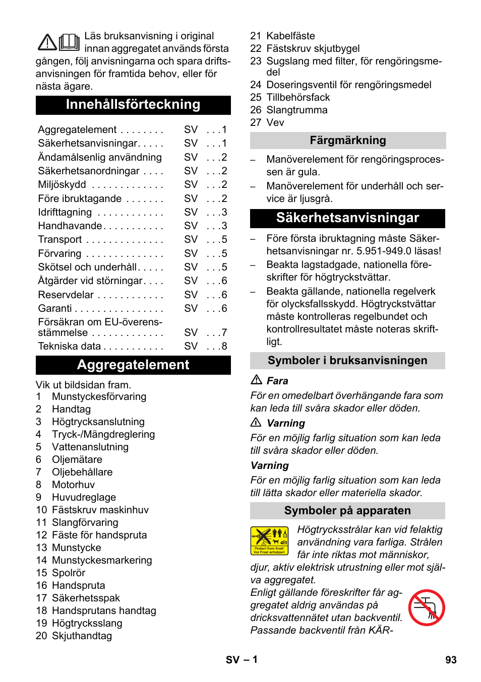 Svenska, Innehållsförteckning, Aggregatelement | Säkerhetsanvisningar | Karcher Xpert HD 7140 X User Manual | Page 93 / 276