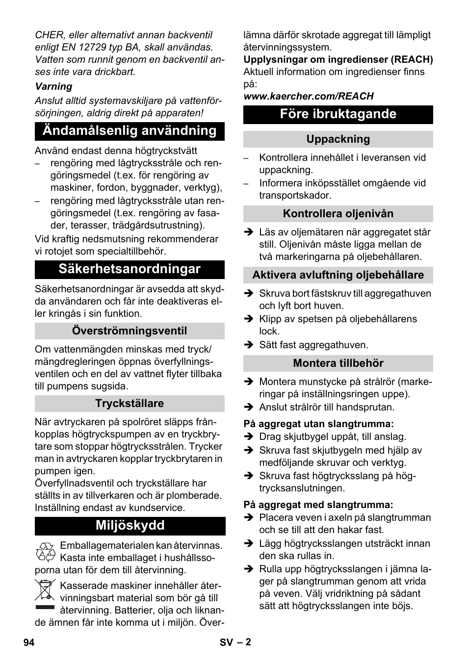 Ändamålsenlig användning säkerhetsanordningar, Miljöskydd före ibruktagande | Karcher Xpert HD 7140 X User Manual | Page 94 / 276