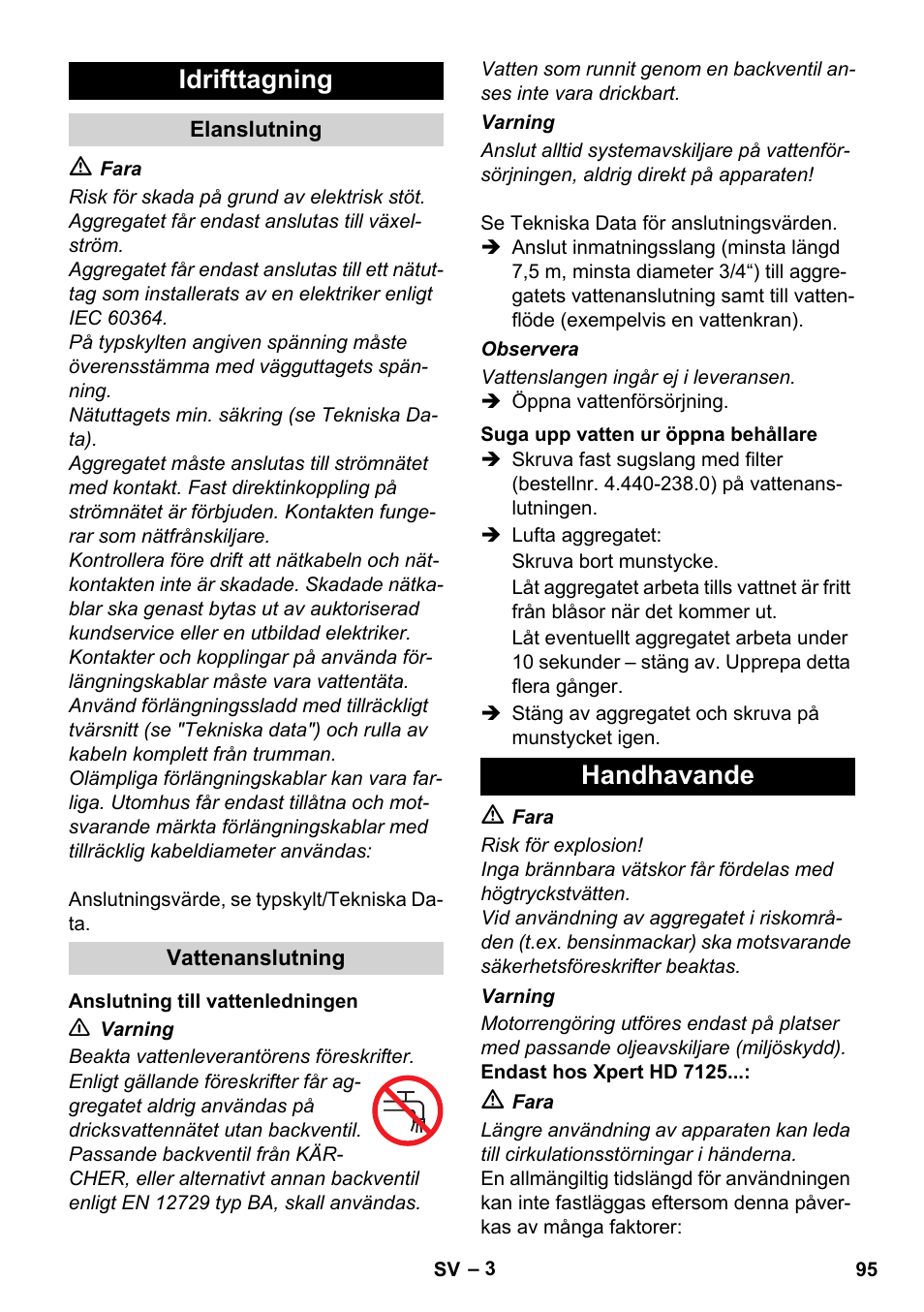Idrifttagning, Handhavande | Karcher Xpert HD 7140 X User Manual | Page 95 / 276
