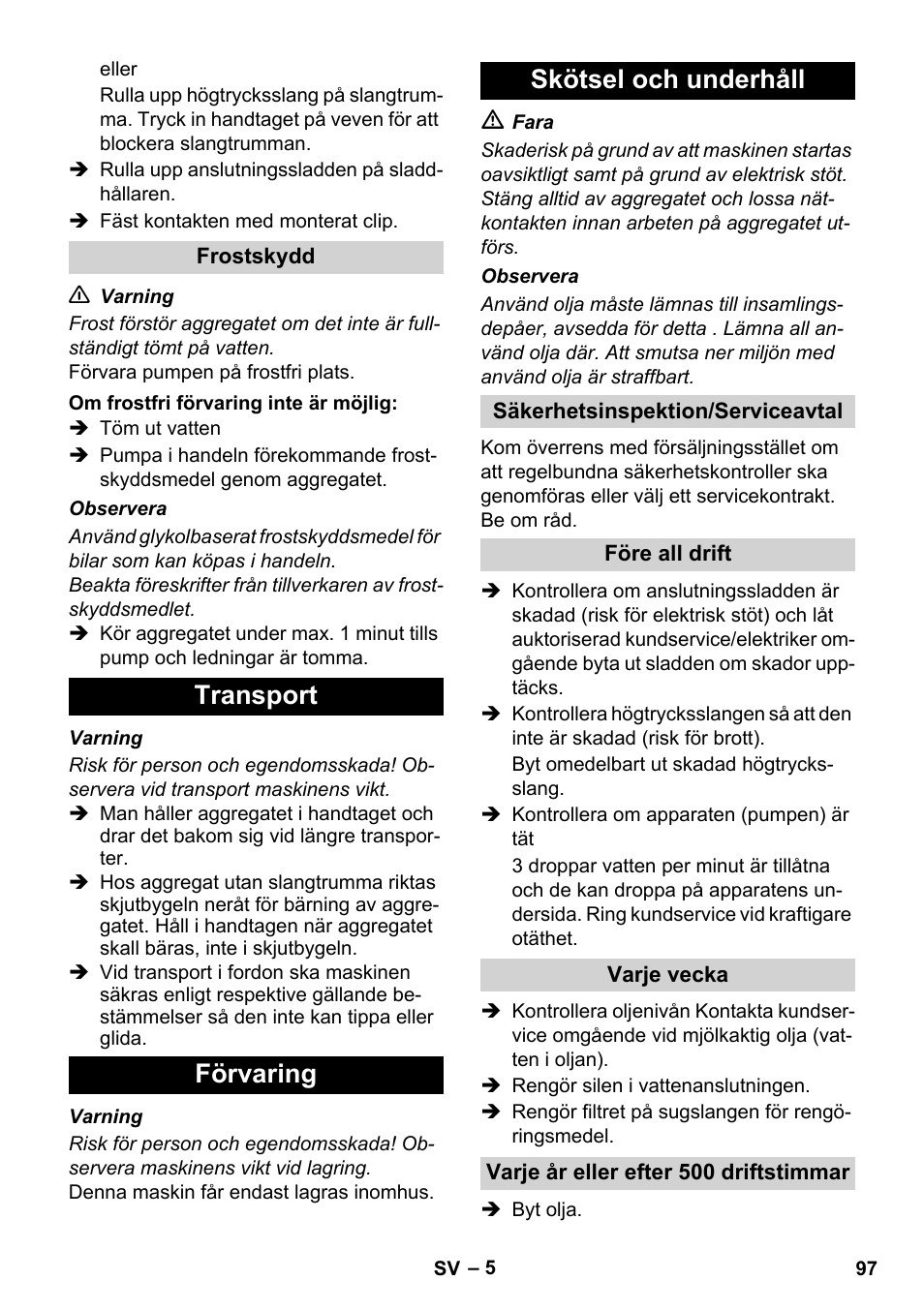 Transport förvaring skötsel och underhåll | Karcher Xpert HD 7140 X User Manual | Page 97 / 276