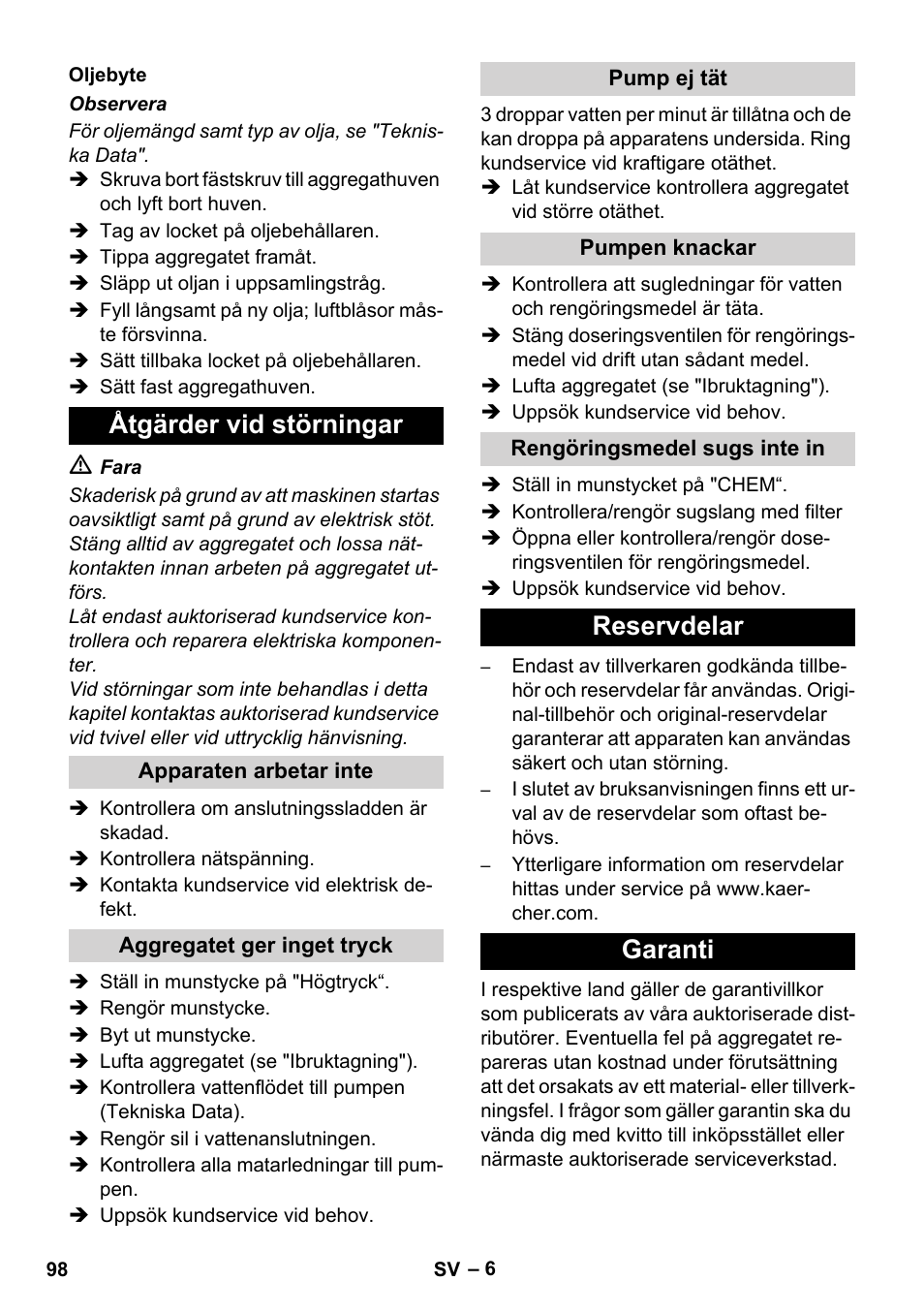 Åtgärder vid störningar, Reservdelar garanti | Karcher Xpert HD 7140 X User Manual | Page 98 / 276