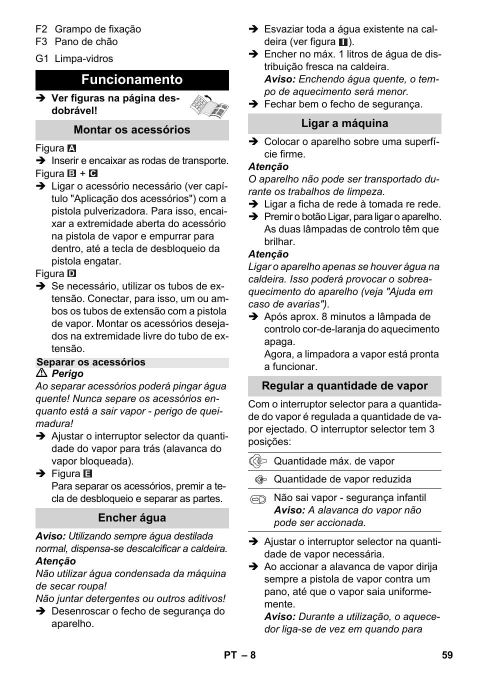 Funcionamento | Karcher SC 3-000 User Manual | Page 59 / 246
