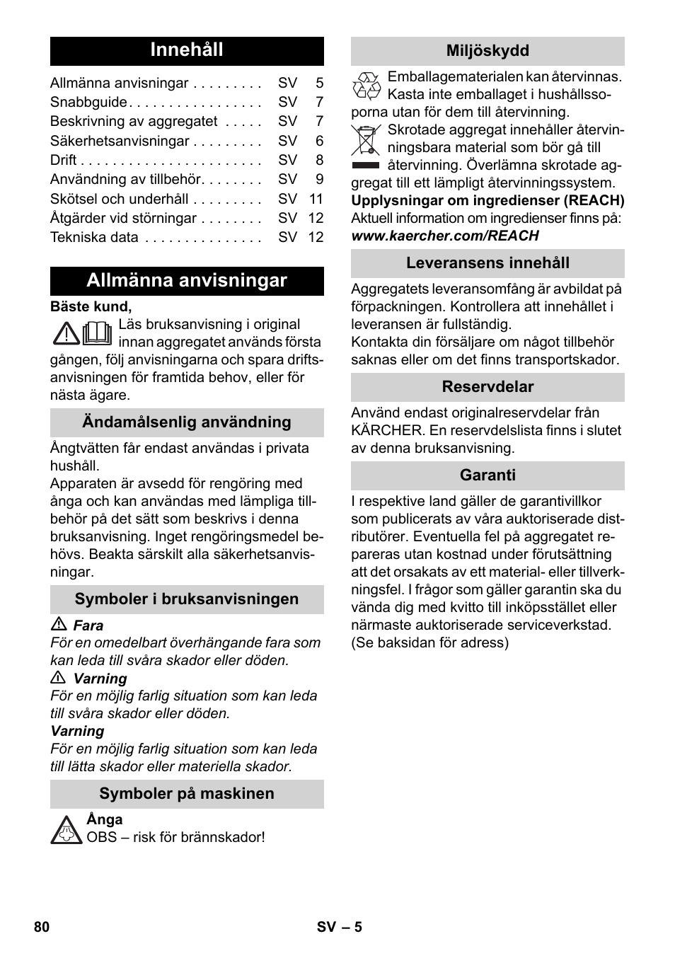 Svenska, Innehåll, Allmänna anvisningar | Karcher SC 3-000 User Manual | Page 80 / 246