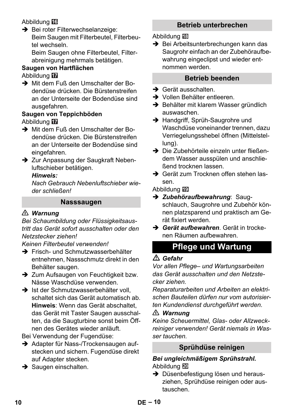 Nasssaugen, Betrieb unterbrechen, Betrieb beenden | Pflege und wartung, Sprühdüse reinigen | Karcher SE 6-100 User Manual | Page 10 / 218