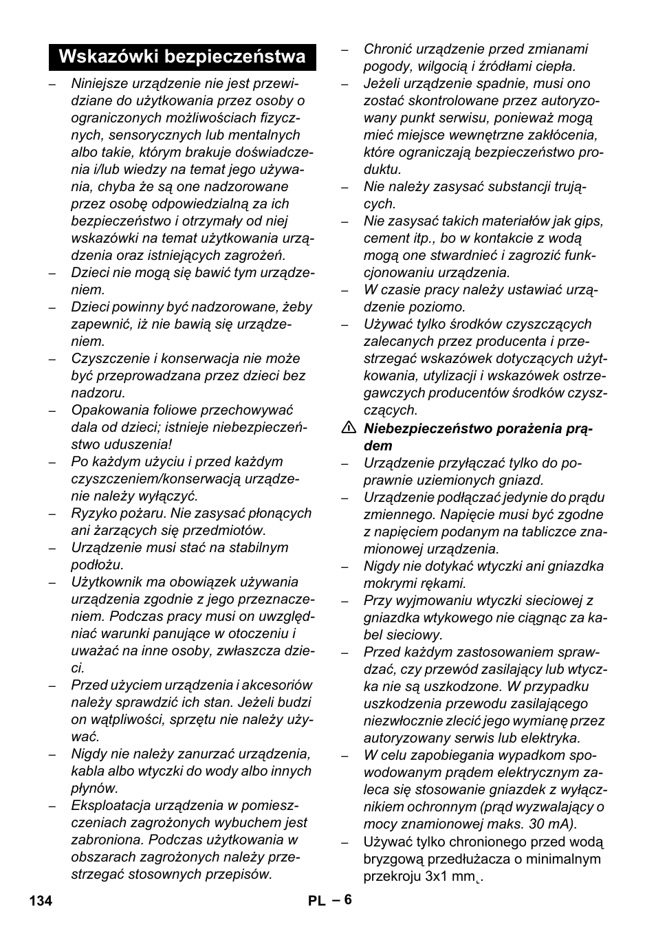 Wskazówki bezpieczeństwa | Karcher SE 6-100 User Manual | Page 134 / 218