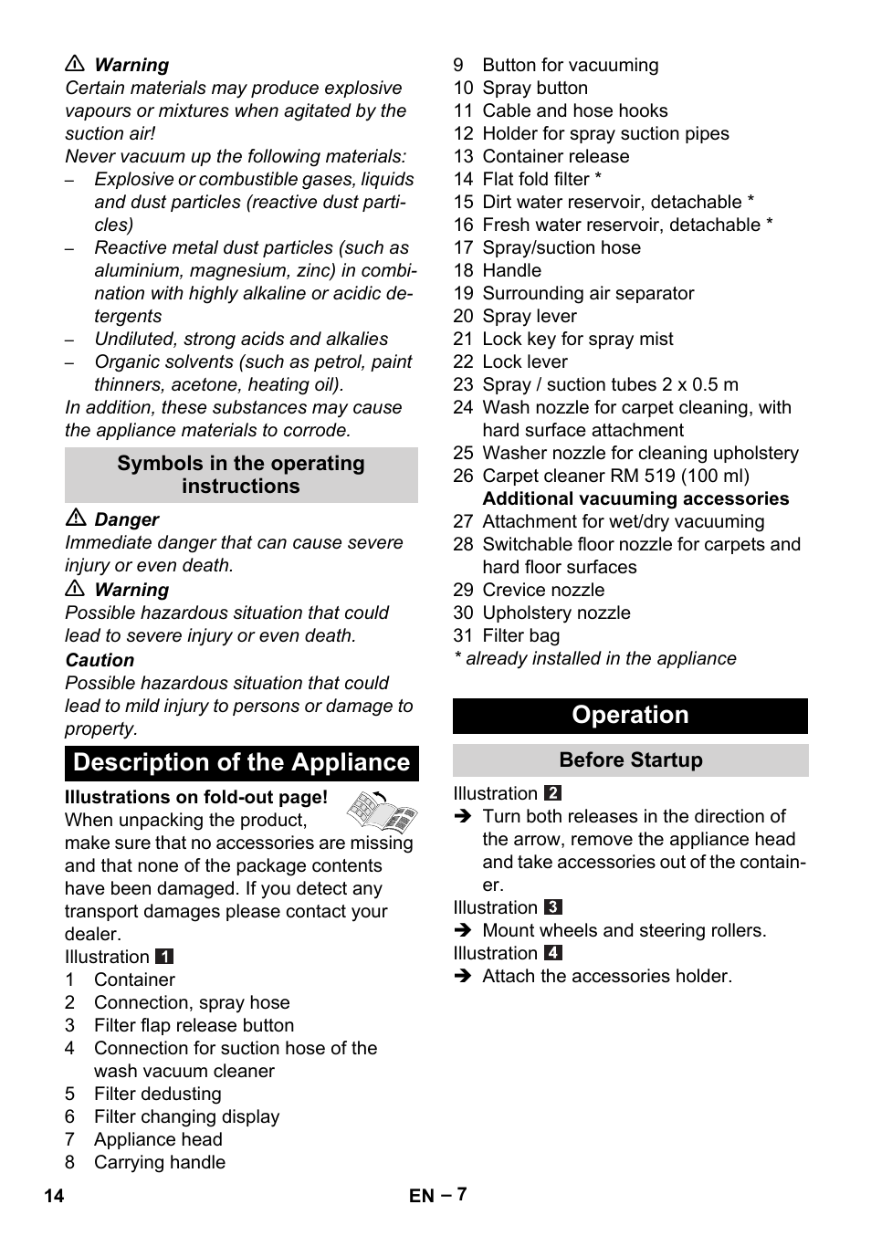 Symbols in the operating instructions, Description of the appliance, Operation | Before startup, Description of the appliance operation | Karcher SE 6-100 User Manual | Page 14 / 218