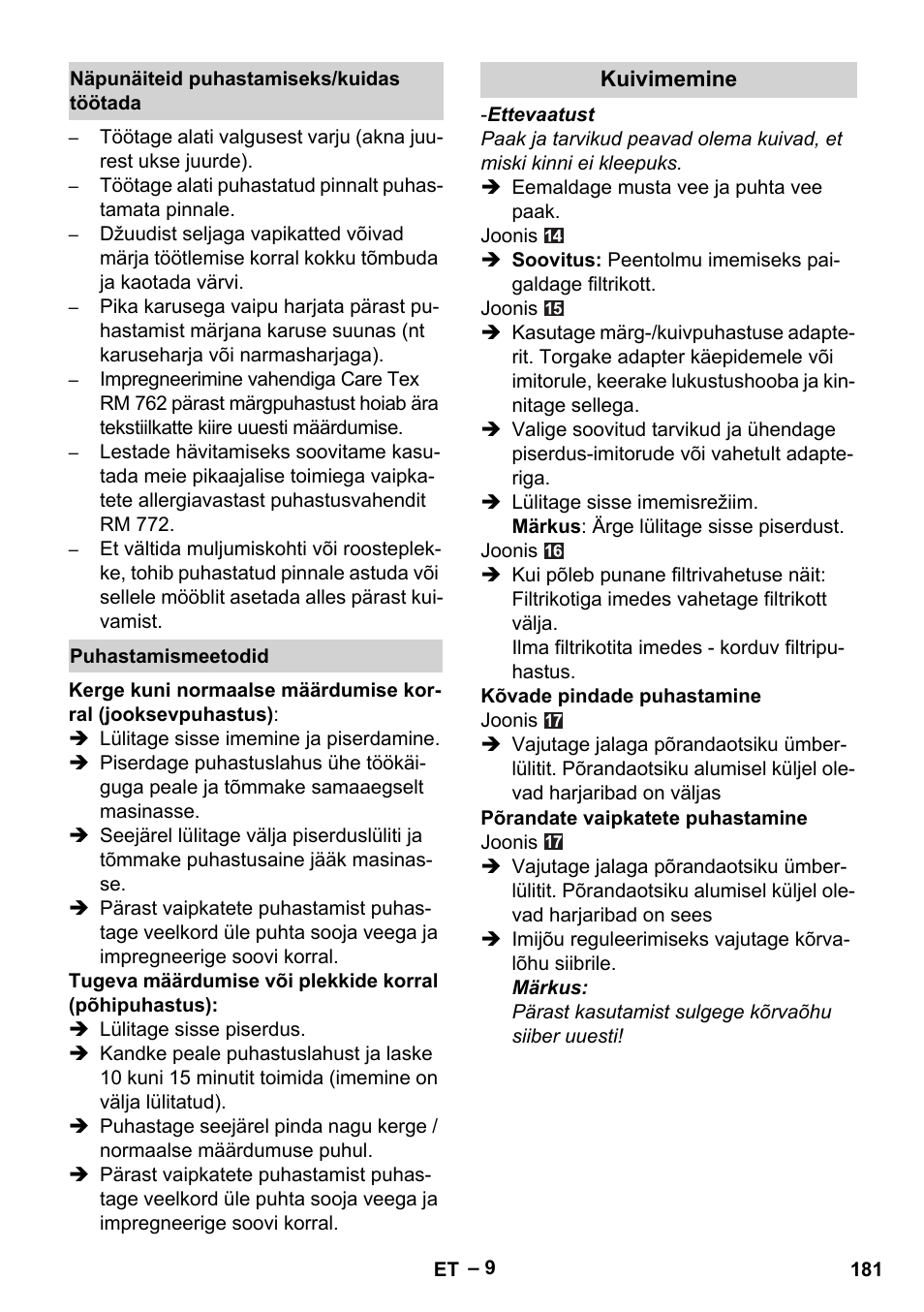 Näpunäiteid puhastamiseks/kuidas töötada, Puhastamismeetodid, Kuivimemine | Karcher SE 6-100 User Manual | Page 181 / 218