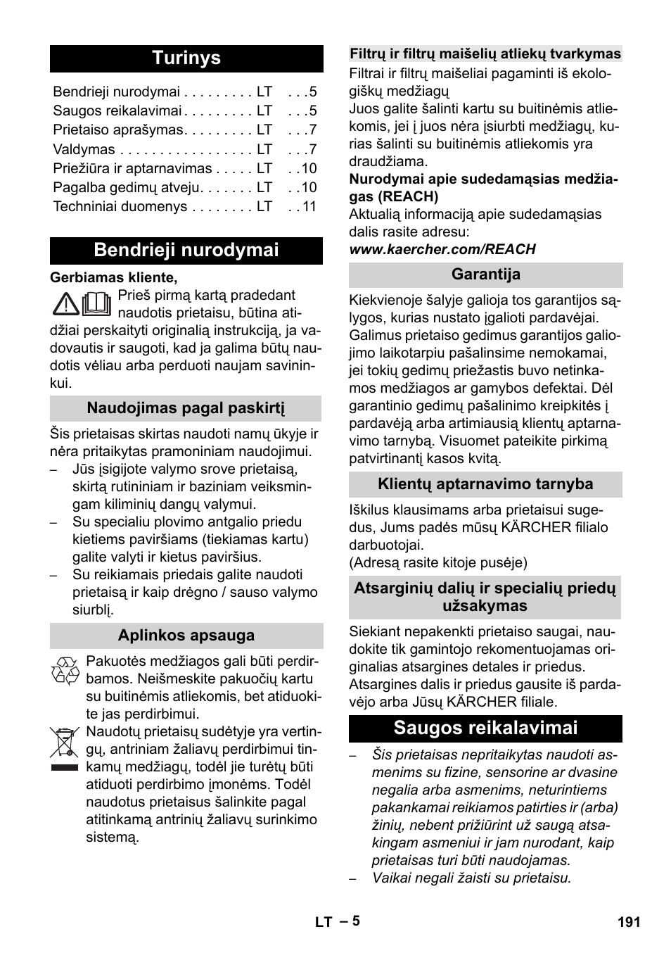 Lietuviškai, Turinys, Bendrieji nurodymai | Naudojimas pagal paskirtį, Aplinkos apsauga, Filtrų ir filtrų maišelių atliekų tvarkymas, Garantija, Klientų aptarnavimo tarnyba, Atsarginių dalių ir specialių priedų užsakymas, Saugos reikalavimai | Karcher SE 6-100 User Manual | Page 191 / 218