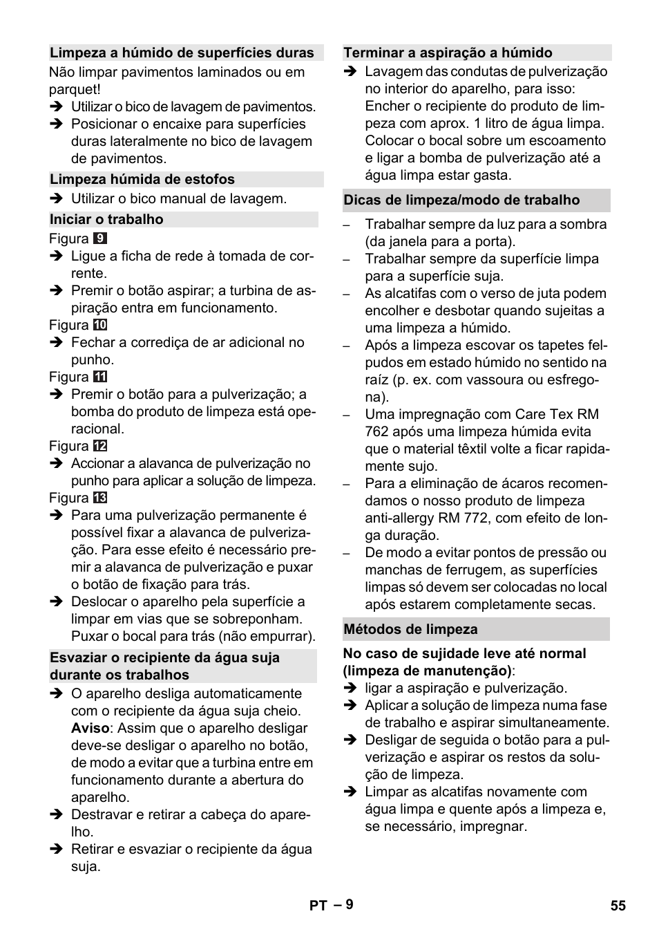 Limpeza a húmido de superfícies duras, Limpeza húmida de estofos, Iniciar o trabalho | Terminar a aspiração a húmido, Dicas de limpeza/modo de trabalho, Métodos de limpeza | Karcher SE 6-100 User Manual | Page 55 / 218