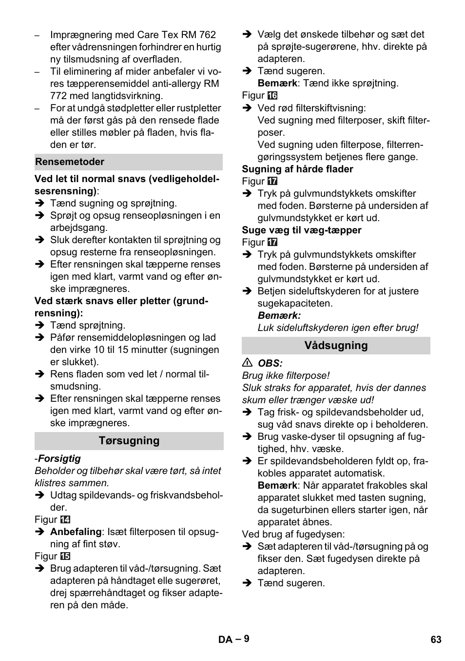 Rensemetoder, Tørsugning, Vådsugning | Karcher SE 6-100 User Manual | Page 63 / 218