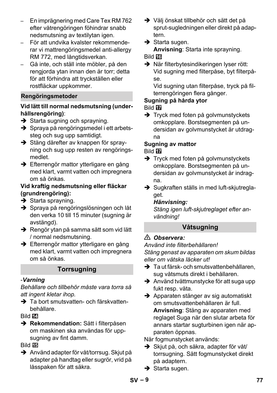 Rengöringsmetoder, Torrsugning, Våtsugning | Karcher SE 6-100 User Manual | Page 77 / 218