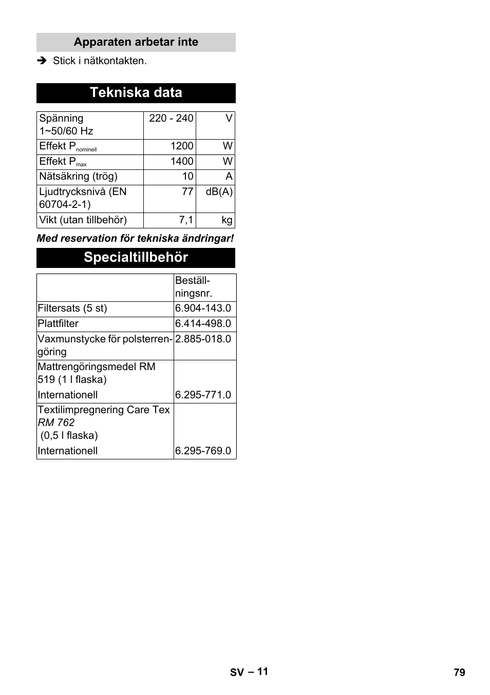 Apparaten arbetar inte, Tekniska data, Specialtillbehör | Karcher SE 6-100 User Manual | Page 79 / 218