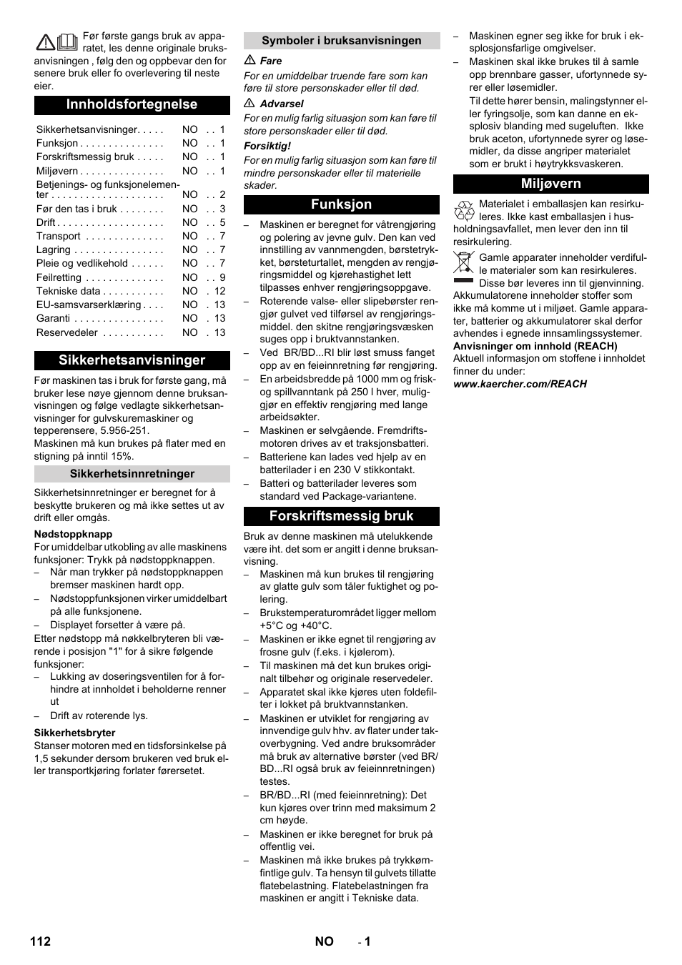 Norsk, Innholdsfortegnelse, Sikkerhetsanvisninger | Funksjon forskriftsmessig bruk miljøvern | Karcher BD 100-250 R I Bp User Manual | Page 112 / 370