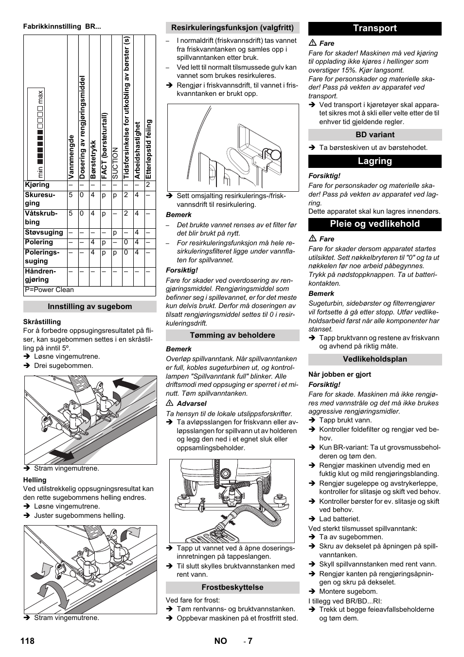 Transport, Lagring pleie og vedlikehold | Karcher BD 100-250 R I Bp User Manual | Page 118 / 370