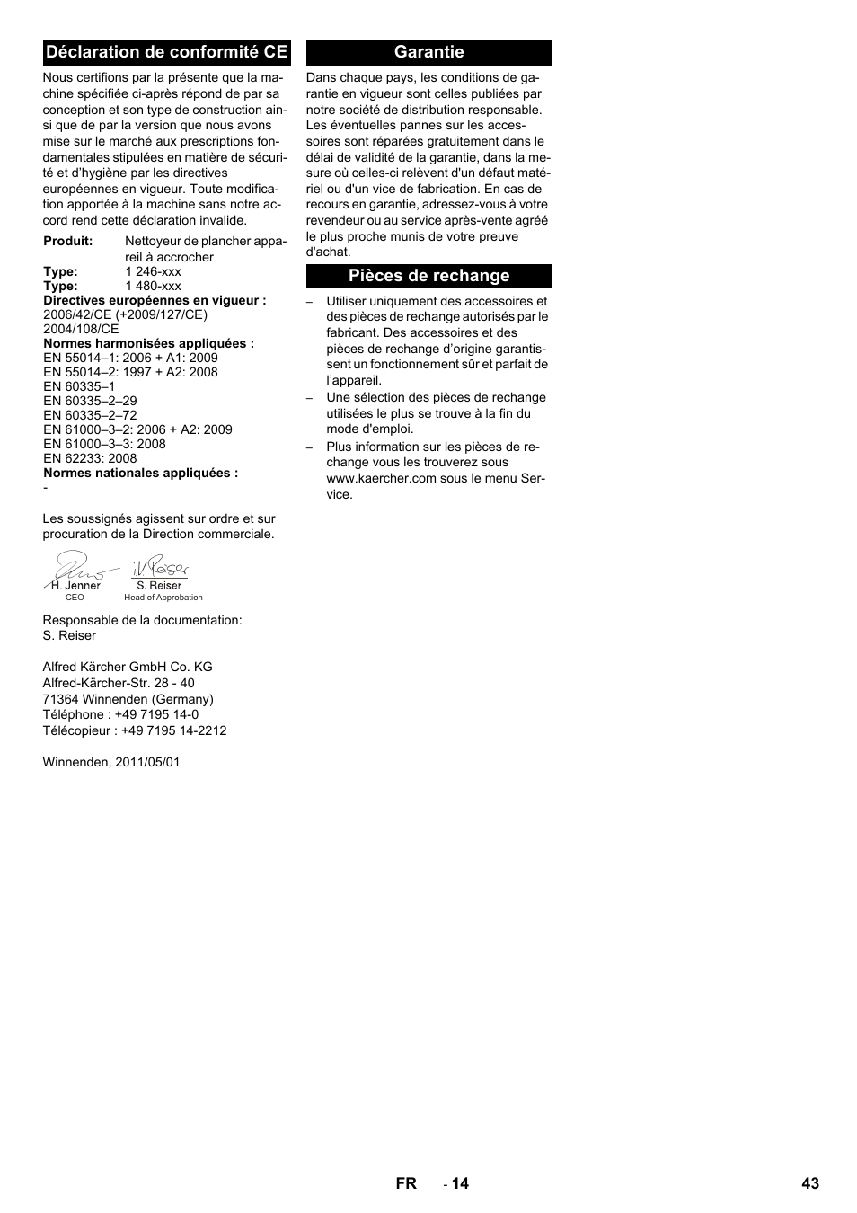 Déclaration de conformité ce, Garantie pièces de rechange | Karcher BD 100-250 R I Bp User Manual | Page 43 / 370