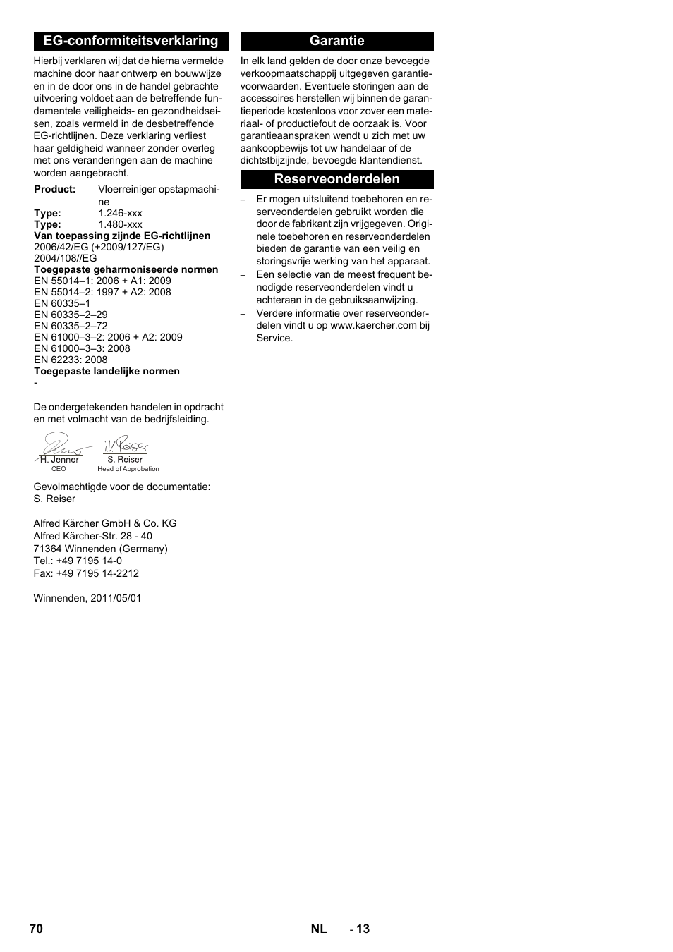Eg-conformiteitsverklaring, Garantie reserveonderdelen | Karcher BD 100-250 R I Bp User Manual | Page 70 / 370