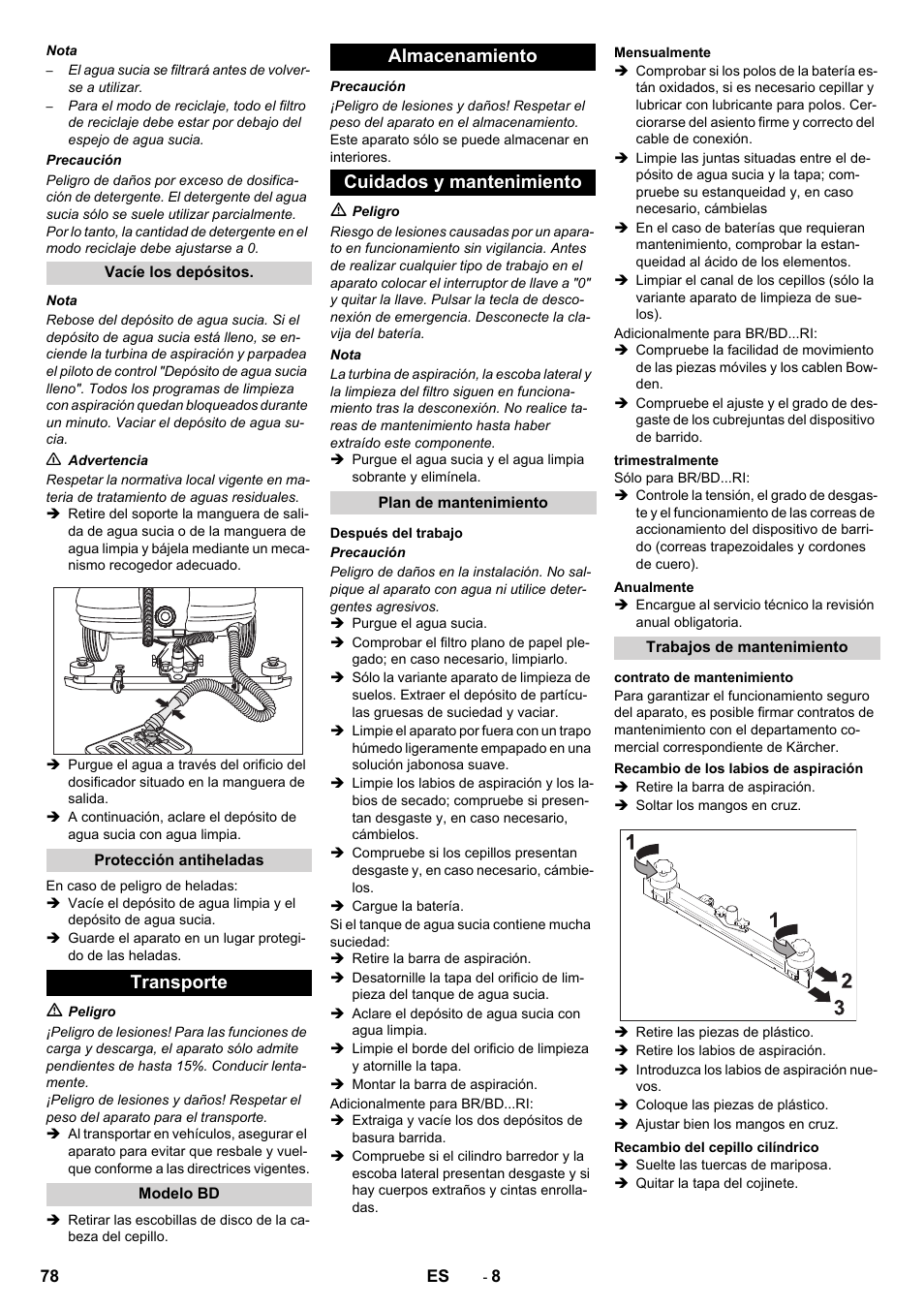 Transporte, Almacenamiento cuidados y mantenimiento | Karcher BD 100-250 R I Bp User Manual | Page 78 / 370