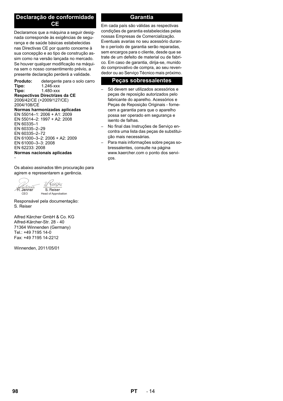 Declaração de conformidade ce, Garantia peças sobressalentes | Karcher BD 100-250 R I Bp User Manual | Page 98 / 370