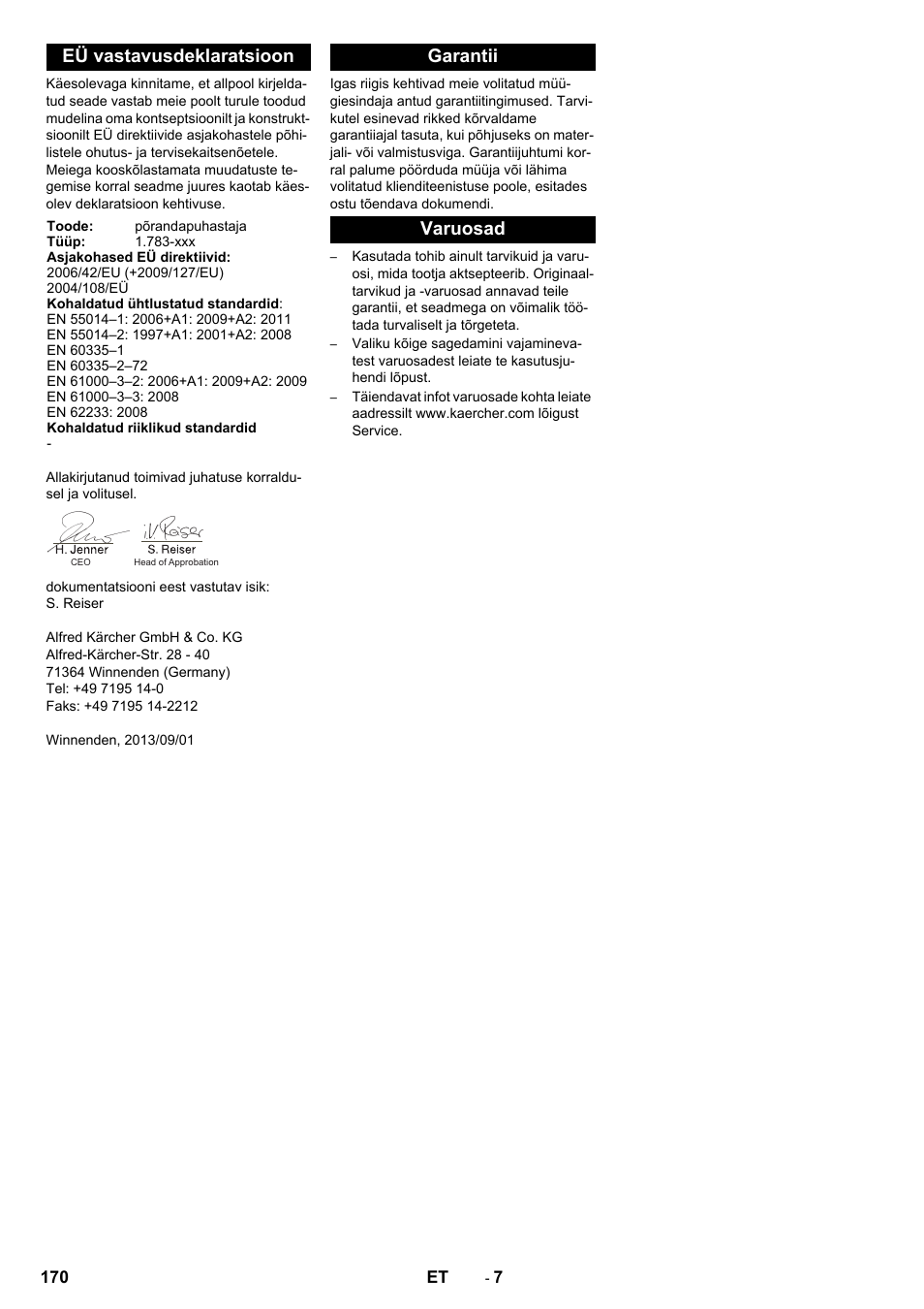 Eü vastavusdeklaratsioon, Garantii varuosad | Karcher BR 40-10 C Adv + MF User Manual | Page 170 / 196
