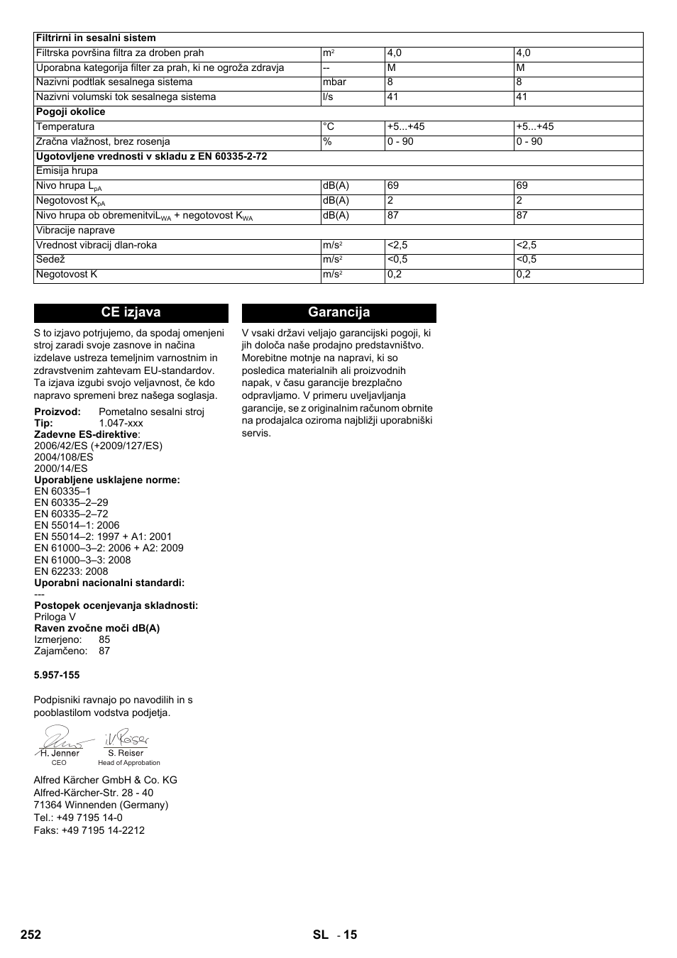 Ce izjava, Garancija | Karcher KM 90-60 R Bp User Manual | Page 252 / 408