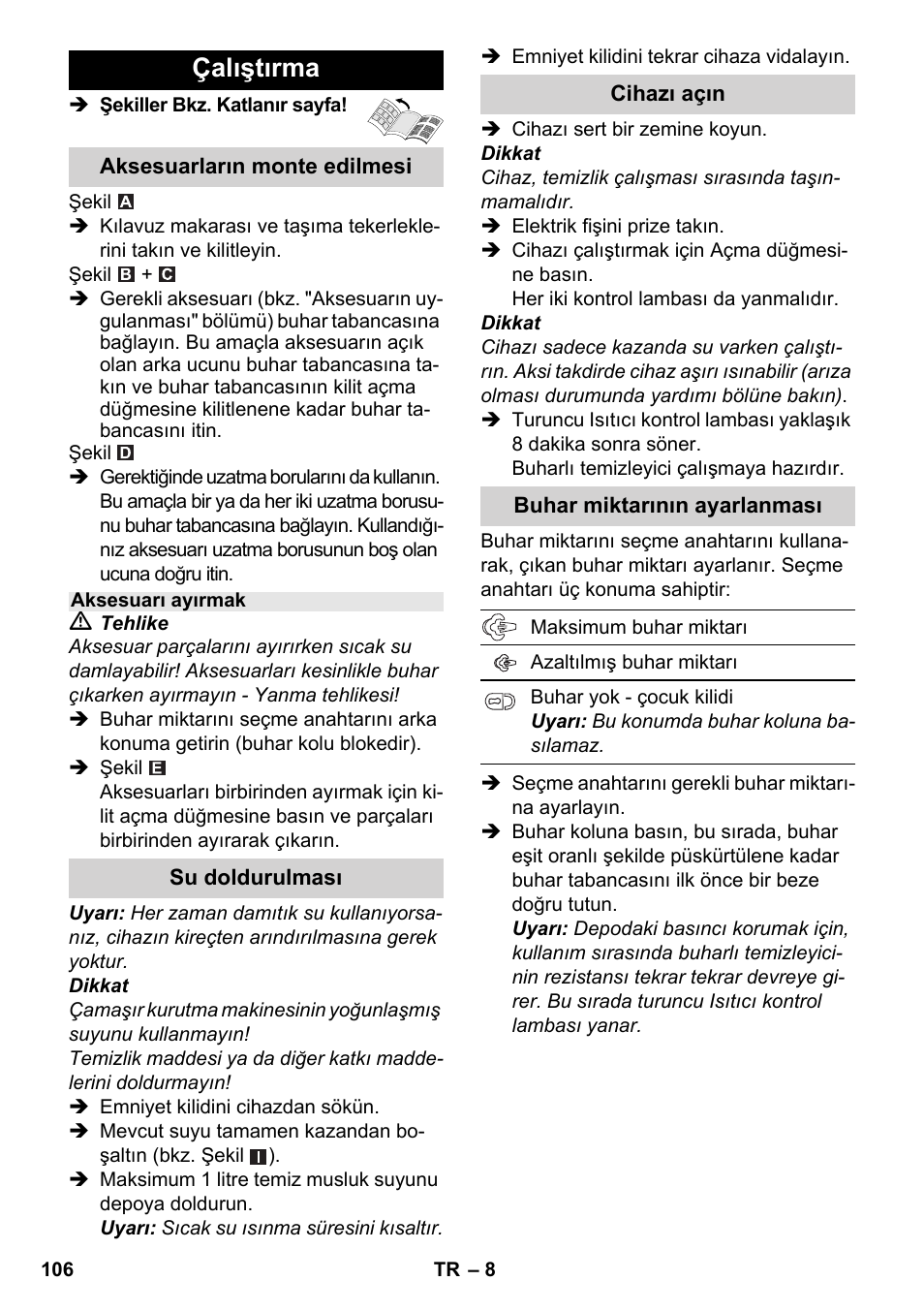 Çalıştırma | Karcher SC 3-000 User Manual | Page 106 / 238