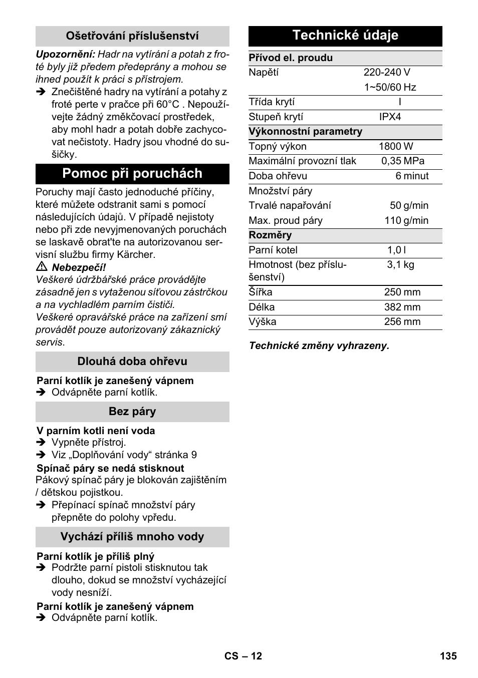 Pomoc při poruchách, Technické údaje | Karcher SC 3-000 User Manual | Page 135 / 238