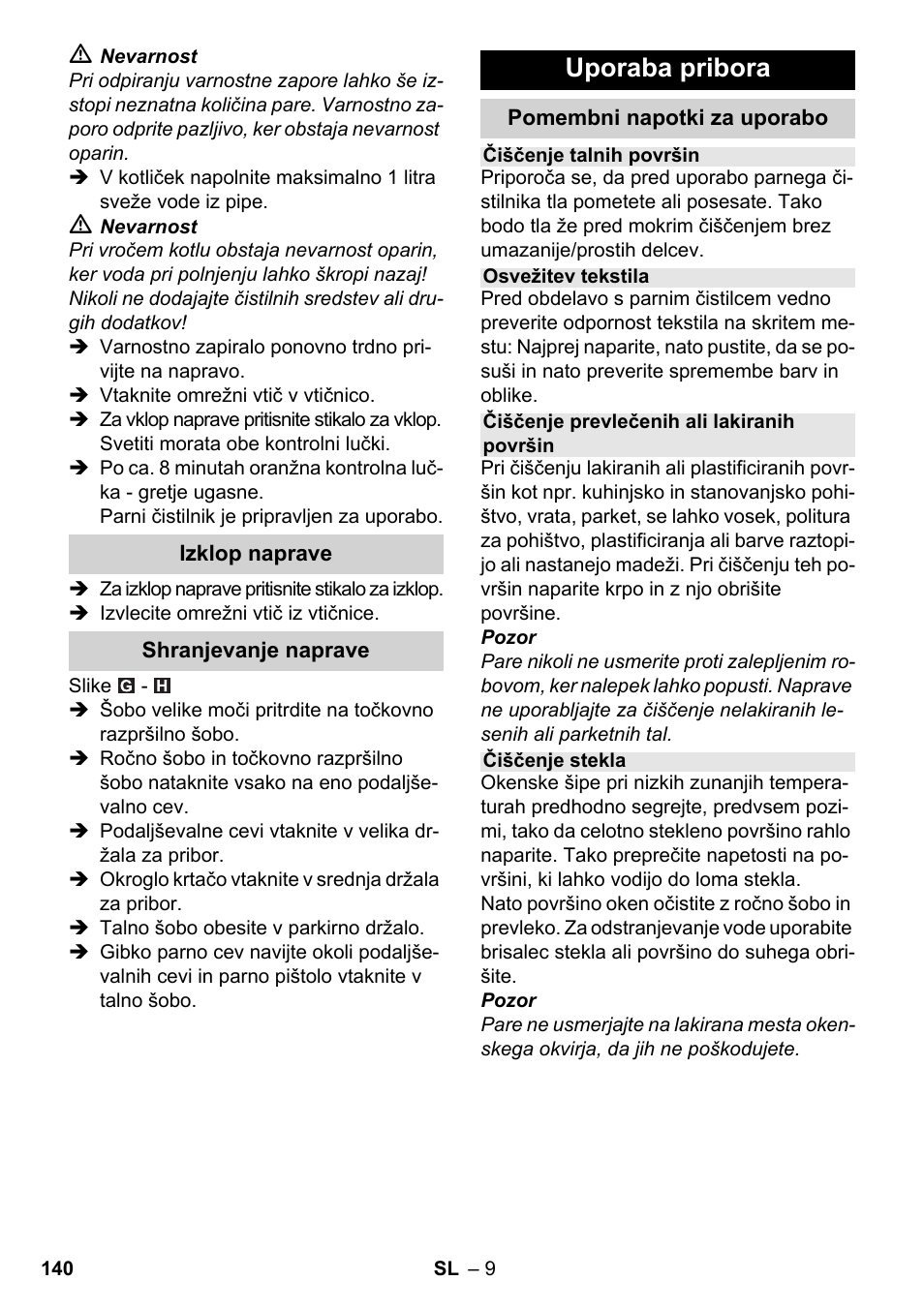 Uporaba pribora | Karcher SC 3-000 User Manual | Page 140 / 238