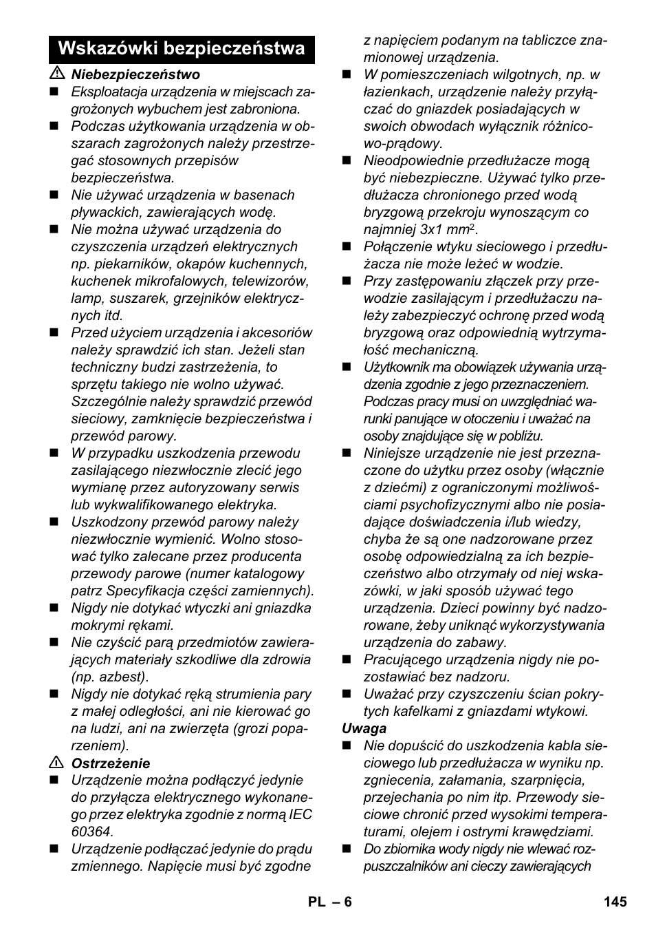 Wskazówki bezpieczeństwa | Karcher SC 3-000 User Manual | Page 145 / 238