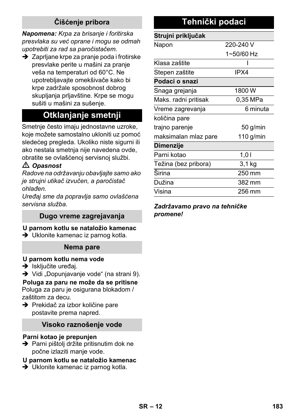 Otklanjanje smetnji, Tehnički podaci | Karcher SC 3-000 User Manual | Page 183 / 238