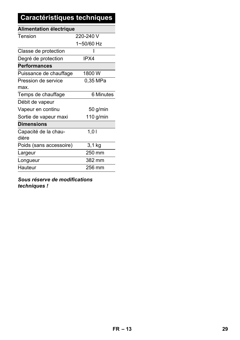 Caractéristiques techniques | Karcher SC 3-000 User Manual | Page 29 / 238