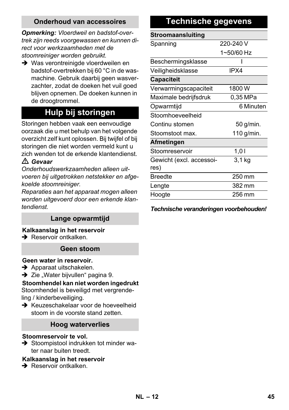 Hulp bij storingen, Technische gegevens | Karcher SC 3-000 User Manual | Page 45 / 238