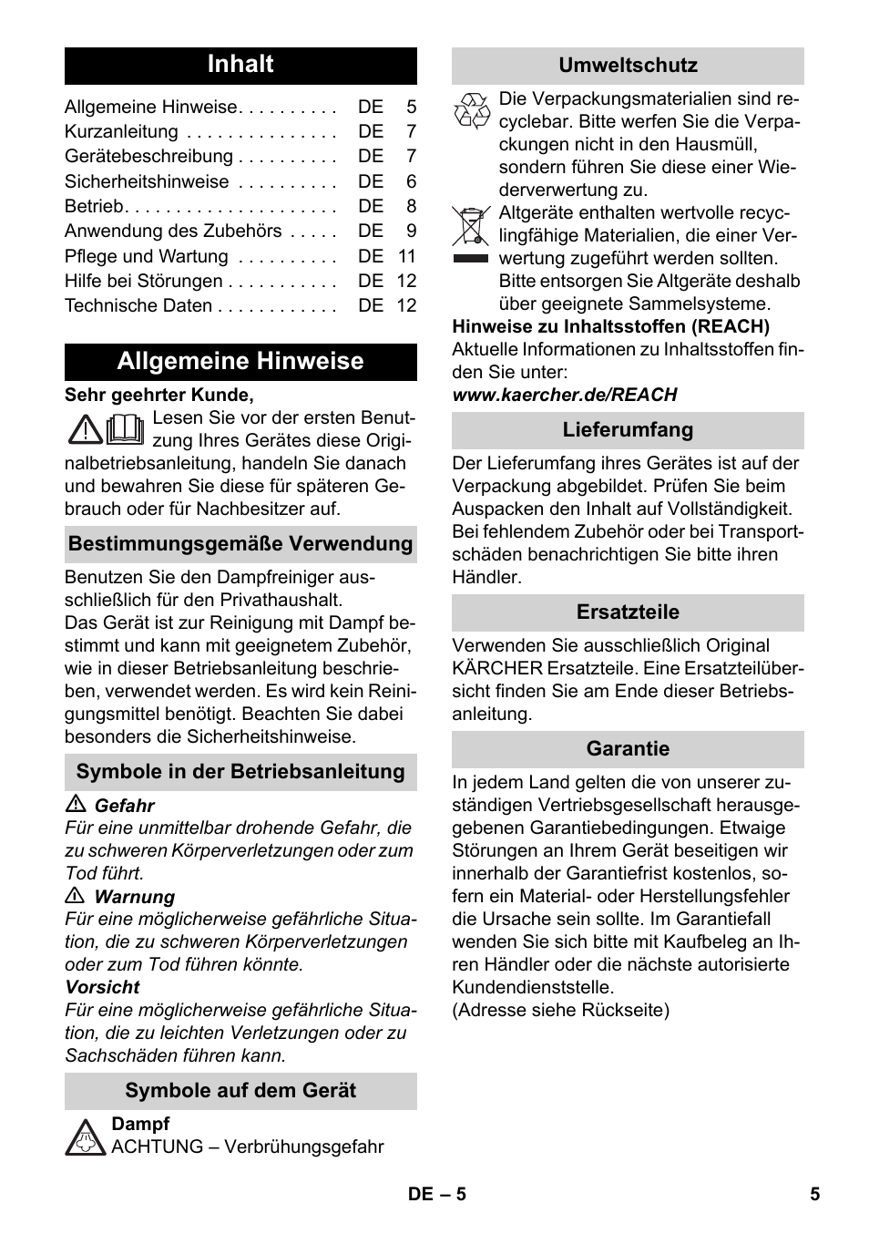 Deutsch, Inhalt, Allgemeine hinweise | Karcher SC 3-000 User Manual | Page 5 / 238