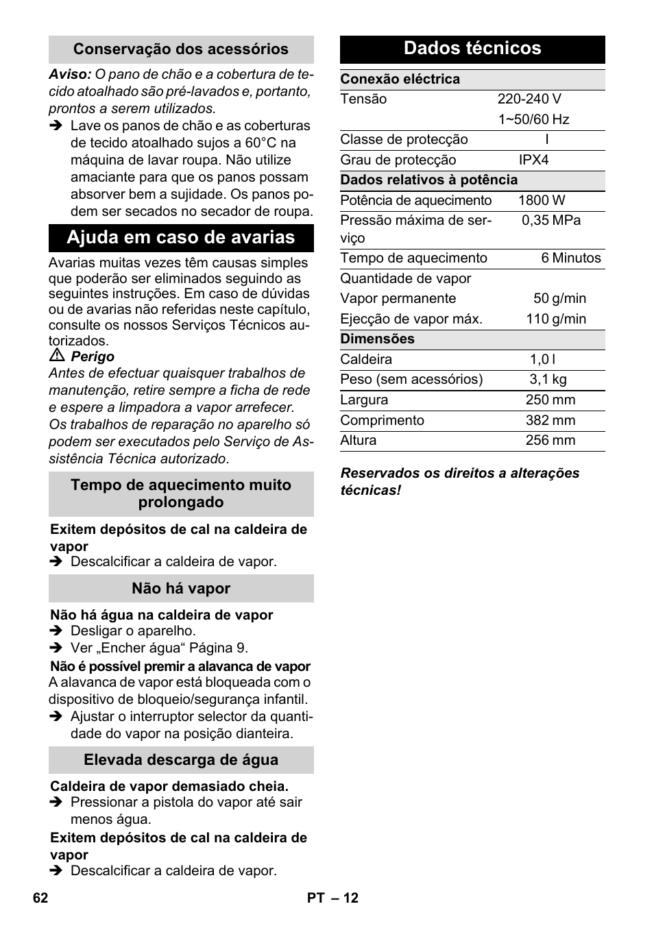Ajuda em caso de avarias, Dados técnicos | Karcher SC 3-000 User Manual | Page 62 / 238