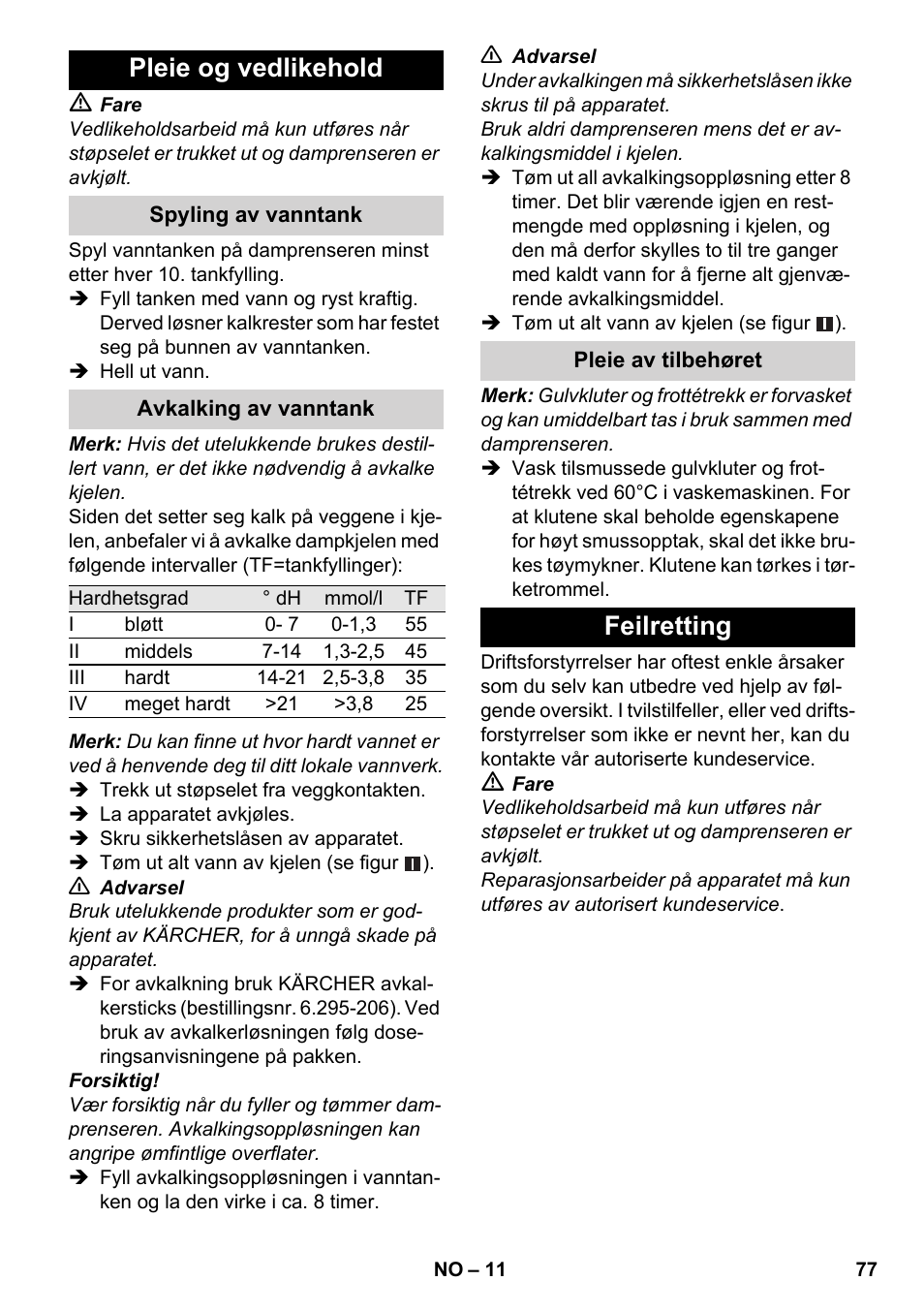 Pleie og vedlikehold, Feilretting | Karcher SC 3-000 User Manual | Page 77 / 238