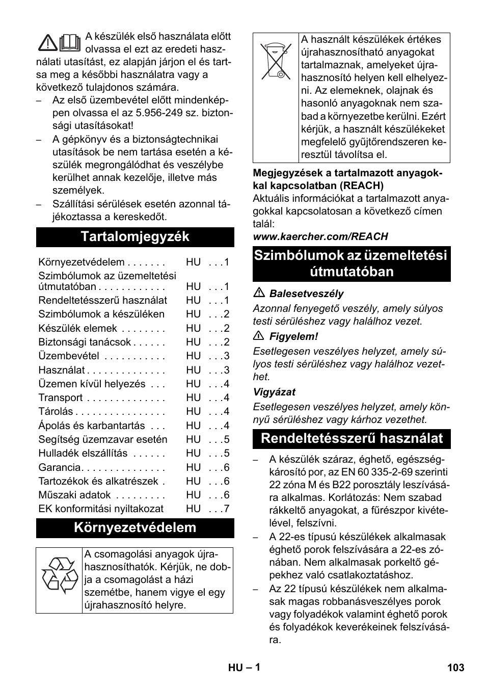 Magyar, Tartalomjegyzék, Környezetvédelem | Karcher NT 80-1 B1 M EU User Manual | Page 103 / 200