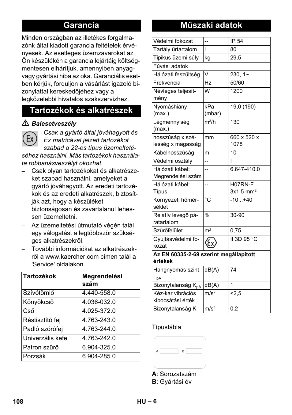 Garancia tartozékok és alkatrészek, Műszaki adatok | Karcher NT 80-1 B1 M EU User Manual | Page 108 / 200