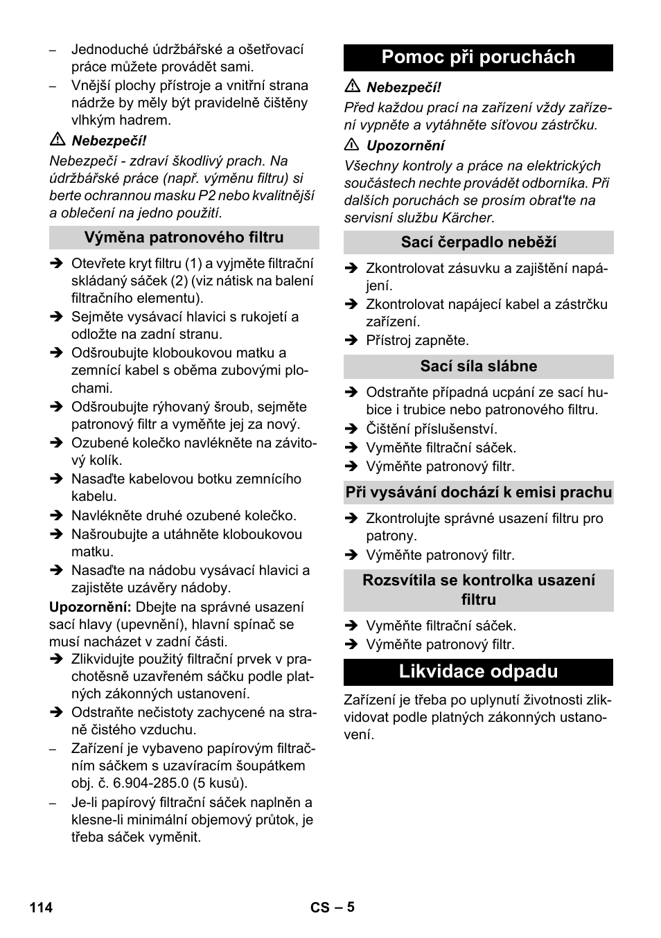 Pomoc při poruchách, Likvidace odpadu | Karcher NT 80-1 B1 M EU User Manual | Page 114 / 200