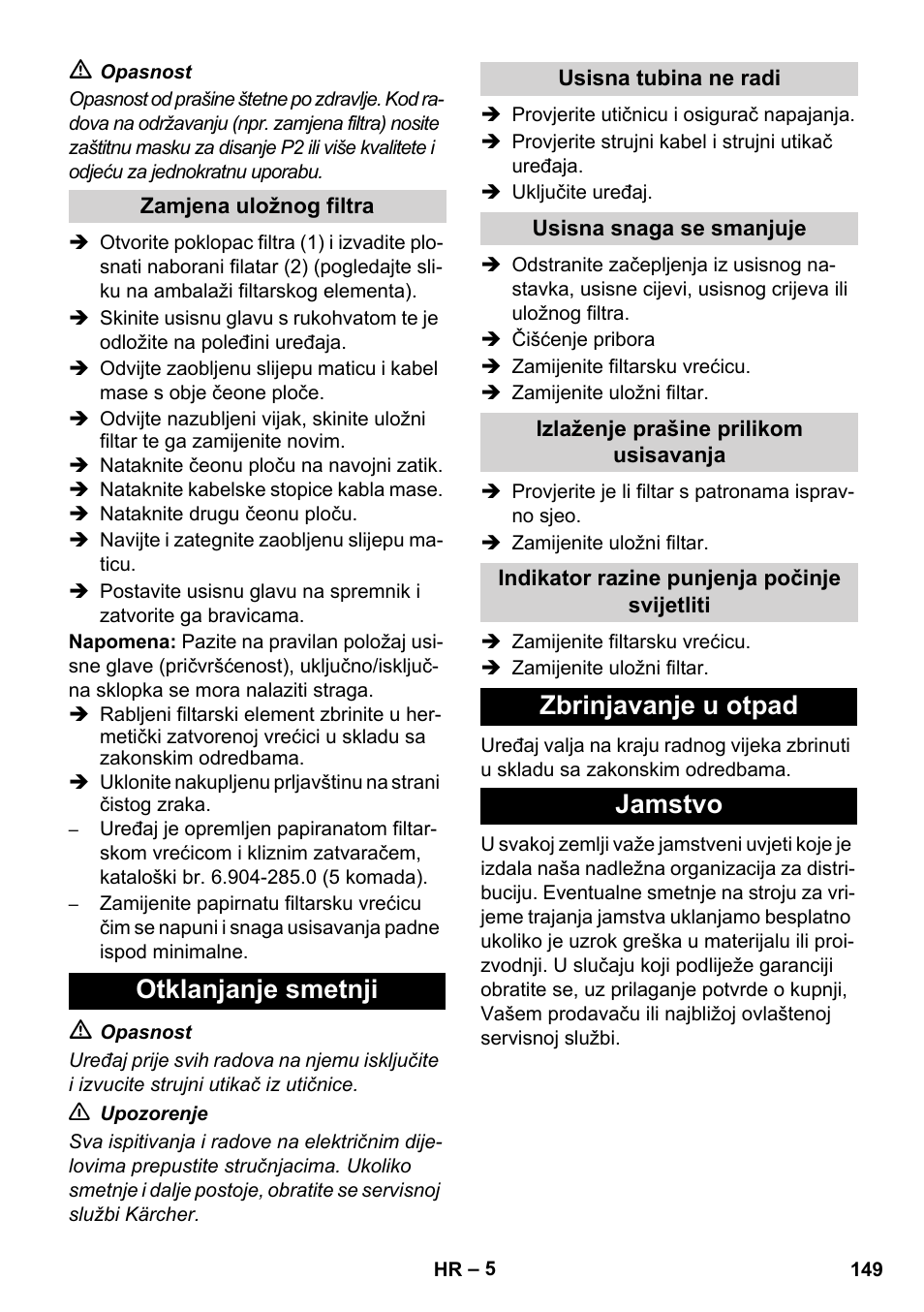 Otklanjanje smetnji, Zbrinjavanje u otpad jamstvo | Karcher NT 80-1 B1 M EU User Manual | Page 149 / 200