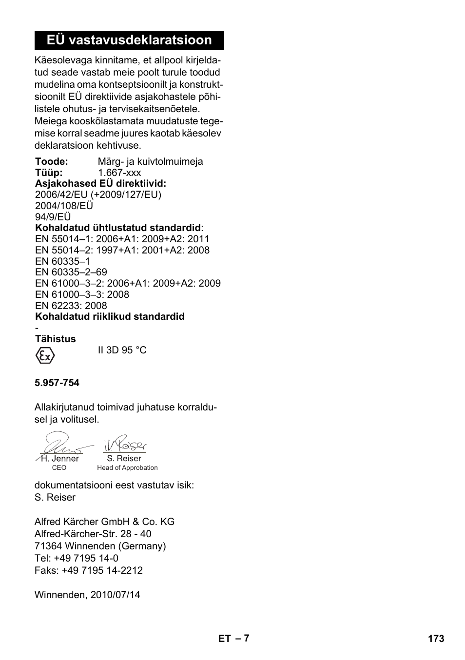 Eü vastavusdeklaratsioon | Karcher NT 80-1 B1 M EU User Manual | Page 173 / 200